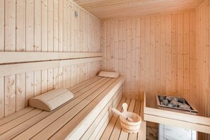 A wooden sauna featuring relaxing seating and warm ambiance.