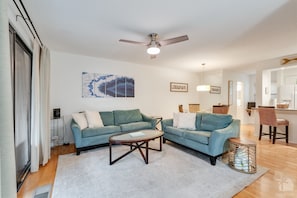 Your comfortable living area allows you to sit back and relax.  Hardwood floors cover the entire top level.  A new 55" large screen Smart TV with Netflix is also included when you want to stay in for the night.