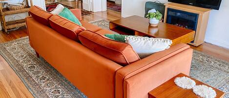 Very new and very plush couch to go with the vivid colors of the home. 