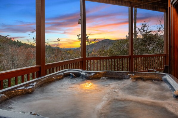 “Unwind in the hot tub after a day of hiking, sipping wine as the sun sets.”