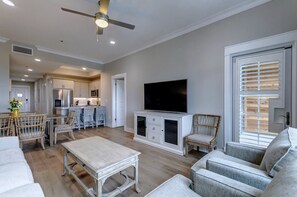 Snuggle up with a cup of coffee or tea on the comfortable sofa.