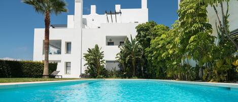 Agua, Planta, Cielo, Edificio, Tiempo De Día, Propiedad, Azul, Piscina, Azur, Árbol