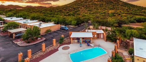 Bird's-eye view of community pool and surrounding mountains (pool not heated)