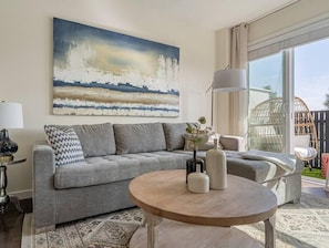 Living space with a comfortable sofa bed.
