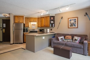 Kitchen and main living area, view from dining area