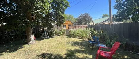 The best yard ever! Cool & relaxing, totally fenced.