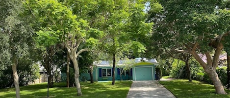 Front view, 1/3 acre property with a variety of trees providing plenty of shade.