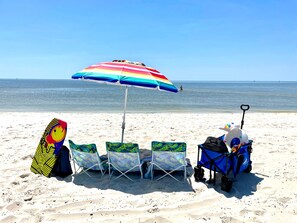 We offer 2 umbrellas, 8 beach towels, 4 beach chairs, boogey board, beach cart!!