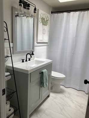 Spa-like bathroom with tub/shower combo.
