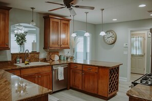 Fully stocked kitchen with views into dining room and open to the living room.