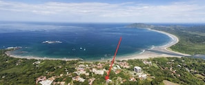 Tamarindo Bay with arrow showing our condo in the centre of Tamarindo