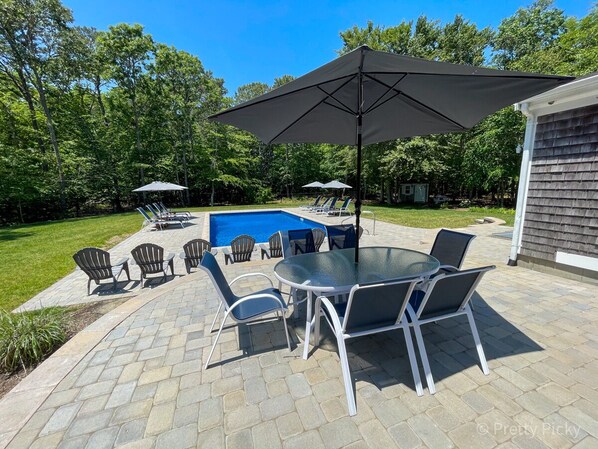 Raised up patio leads directly down to the pool patio