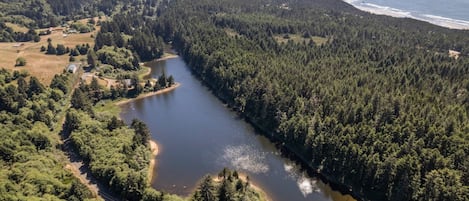 View from above of the private lake and the only two homes on it.