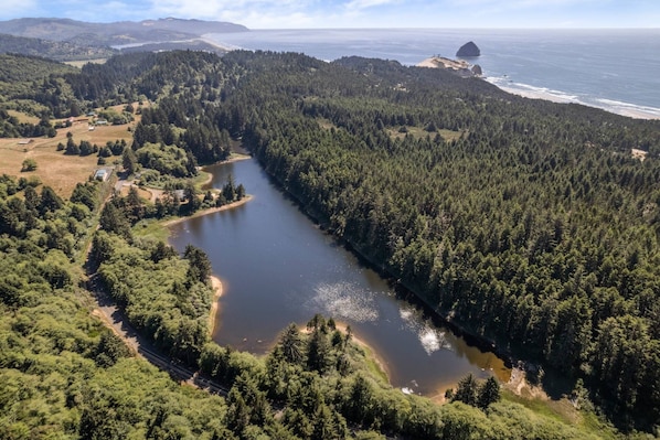 View from above of the private lake and the only two homes on it.