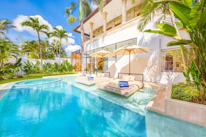 Views over the pool from the pool's seating