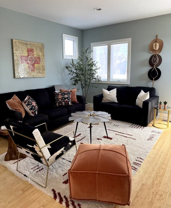 Newly decorated living room with modern Nashville aesthetic.