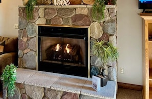 Remote controlled gas log fireplace in the bedroom area.