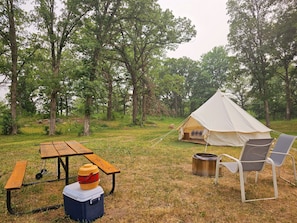 Cooler, solo stove, picnic table, camp chairs