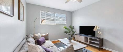 Bright living room with smart tv