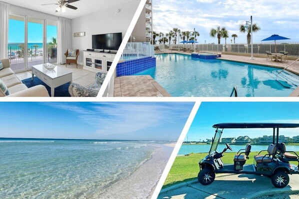 This updated, spacious 2BR/2BA condo at Majestic Sun has views of the pristine beaches and waters of the Emerald Coast from the living space, Master bedroom, and the expanded patio. Golf Cart INCLUDED with your rental (a $150/day value!). Come enjoy the fa