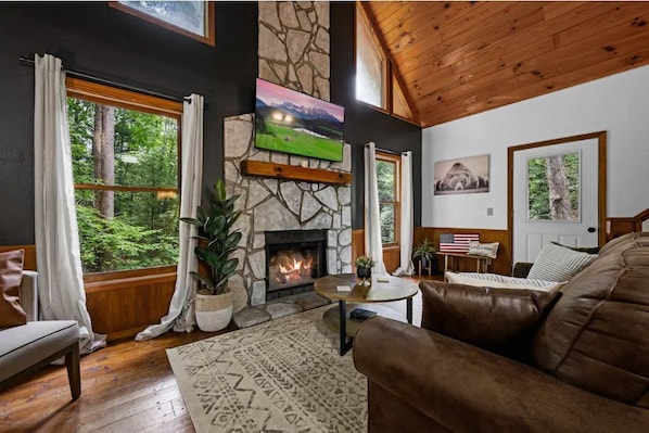 Modern comfort meets timeless warmth in our cozy living room.