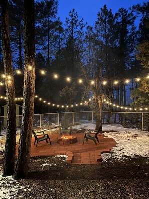 Bistro lighting around the fire pit