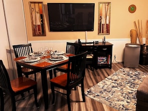 Family/Dining Room, table for 4, TV, desk w/chair, AC/heating unit