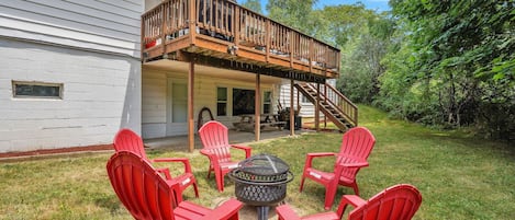 Outdoor seating with a fire pit. Picnic seating wooden bench (not pictured)