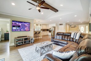 Living Room has a 65" SmartTV for you to enjoy. Paramount plus channels included!