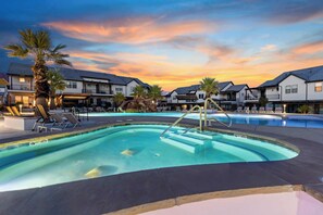 Golden hour near Community hot tub and pool