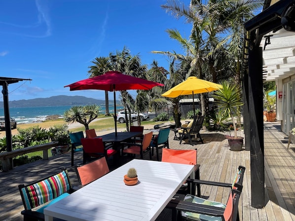 Sunny deck with views to the sea