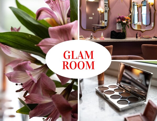 The glam room is over-the-top in the best way—king bed, pink velvet loveseat, smart TV, oversized mirror, and 4 hair & makeup stations. Perfect for bridal parties, birthdays, or girls’ getaways. Guests say it’s a “must-experience” space!