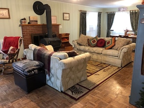 Wood stove and couches