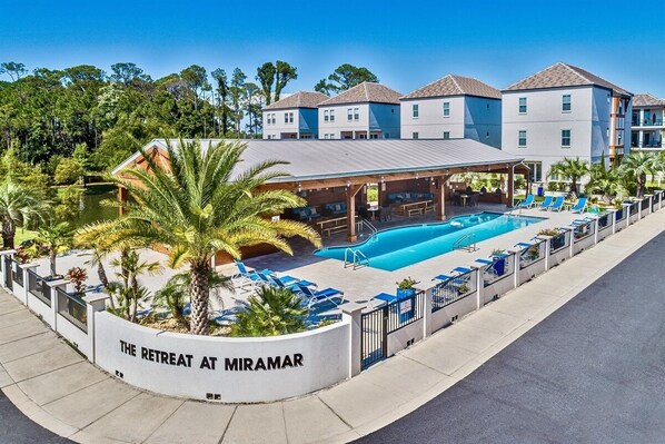Heated 90' private Retreat at Miramar pool, lounge, dining, & grilling pavilion