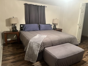 Master bedroom with king bed and attached bath