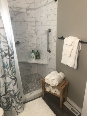 Spa style bath.  Just updated in 2021.  Accessibility is stylish and safe.