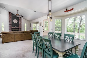 Dining area looking into the living room. Unit 13 Lot 166, Pine Mountain Lake Vacation Rental, Ridgecrest Rendezvous.