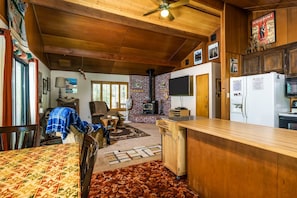 Living room from the dining area. Unit 8 Lot 9, The Hideout, Pine Mountain Lake Vacation Rental.