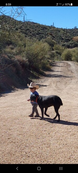 Small cowpoke? with dog.