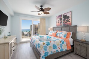 Primary Bedroom with Ocean Views, King Size Bed, Flat Screen TV, Ensuite Bathroom and Private Balcony Access