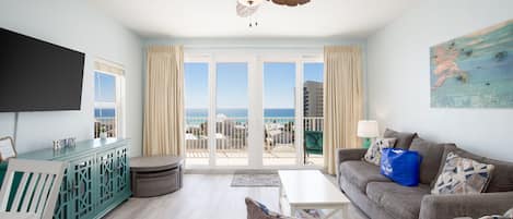 Living Area with Ocean Views, Flat Screen TV, Sleeper Sofa and Private Balcony Access