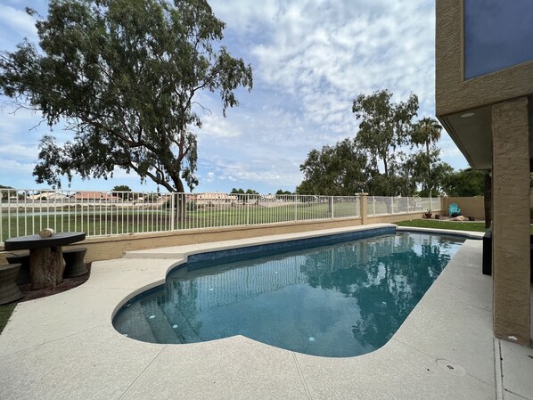 Pool 8' in deep end. Home located on 3rd hole of Arrowhead Country Club GC