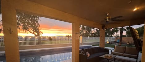 Back patio at sunset. Home is west facing to enjoy the Arizona sunsets 