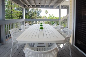 Covered outdoor dining comfortably seats 8 facing the Gulf waters and sunsets.
