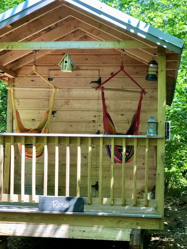 Hammock swings are easily hung on the porch for a relaxing afternoon. 