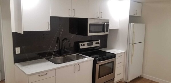 Kitchen area w/ microwave, stove, full size oven and fridge 