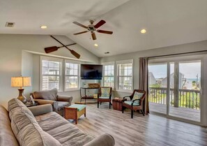 Living room with smart TV. Some ocean view from deck.