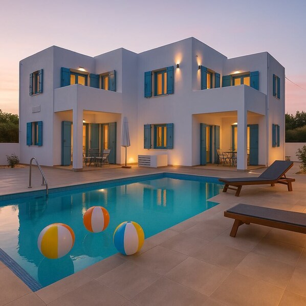 Exterior of the Property
Full view of the building's traditional Cycladic architecture with blue shutters and shared pool area.