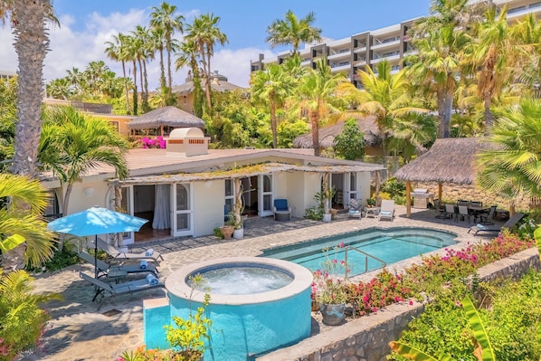 Sunny poolside patio