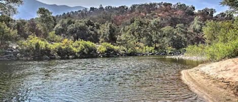 A short walk from the cabin is the river.